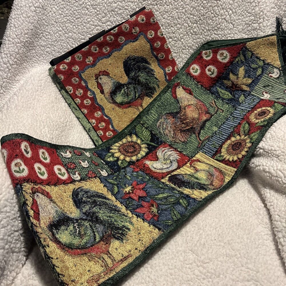 Vintage Susan Winget Rooster Tapestry Wall Hanging & Table Runner Set Sunflowers